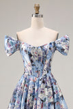 Corset bleu à épaules décollées Corset floral long robe de bal avec fente