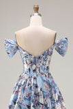 Corset bleu à épaules décollées Corset floral long robe de bal avec fente