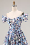 Corset bleu à épaules décollées Corset floral long robe de bal avec fente