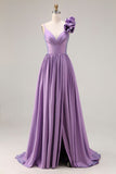Robe de bal longue de bal 3D à bretelles fines en ligne A violette avec fente