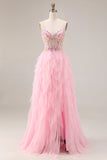 Robe de bal longue robe de bal rose à perles perlées à volants, tulle à sequins