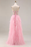 Robe de bal longue robe de bal rose à perles perlées à volants, tulle à sequins