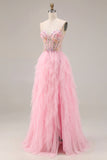 Robe de bal longue robe de bal rose à perles perlées à volants, tulle à sequins