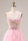 Robe de bal longue robe de bal rose à perles perlées à volants, tulle à sequins