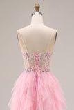 Robe de bal longue robe de bal rose à perles perlées à volants, tulle à sequins