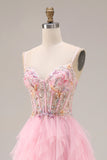 Robe de bal longue robe de bal rose à perles perlées à volants, tulle à sequins