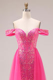 Robe longue de bal décapotable scintillante sirène fuchsia dénudée à épaule avec paillettes