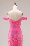 Robe longue de bal décapotable scintillante sirène fuchsia dénudée à épaule avec paillettes