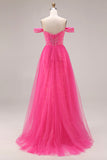 Robe longue de bal décapotable scintillante sirène fuchsia dénudée à épaule avec paillettes