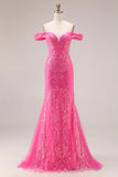 Robe longue de bal décapotable scintillante sirène fuchsia dénudée à épaule avec paillettes