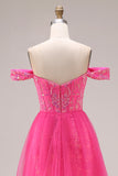 Robe longue de bal décapotable scintillante sirène fuchsia dénudée à épaule avec paillettes