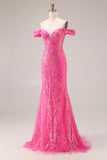 Robe longue de bal décapotable scintillante sirène fuchsia dénudée à épaule avec paillettes