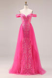 Robe longue de bal décapotable scintillante sirène fuchsia dénudée à épaule avec paillettes