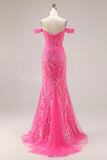 Robe longue de bal décapotable scintillante sirène fuchsia dénudée à épaule avec paillettes