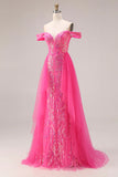 Robe longue de bal décapotable scintillante sirène fuchsia dénudée à épaule avec paillettes
