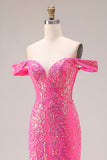 Robe longue de bal décapotable scintillante sirène fuchsia dénudée à épaule avec paillettes