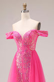 Robe longue de bal décapotable scintillante sirène fuchsia dénudée à épaule avec paillettes