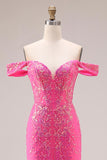 Robe longue de bal décapotable scintillante sirène fuchsia dénudée à épaule avec paillettes