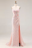 Robe de bal longue de promo scintillante rose perlée dorsée de perles, brodée et dorsée