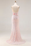 Robe de bal longue de promo scintillante rose perlée dorsée de perles, brodée et dorsée