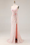 Robe de bal longue de promo scintillante rose perlée dorsée de perles, brodée et dorsée