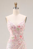 Robe de bal longue de promo scintillante rose perlée dorsée de perles, brodée et dorsée
