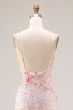 Robe de bal longue de promo scintillante rose perlée dorsée de perles, brodée et dorsée