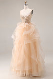 Robe de bal longue en organza sans bretelles en A A-Line au champagne avec volants