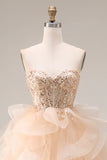 Robe de bal longue en organza sans bretelles en A A-Line au champagne avec volants