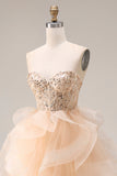 Robe de bal longue en organza sans bretelles en A A-Line au champagne avec volants