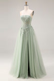 Corset de bal longue en tulle vert poussiéreux sans bretelles appliquée avec fente