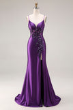 Robe de bal longue à bretelles de sirène violette appliquée avec fente