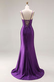 Robe de bal longue à bretelles de sirène violette appliquée avec fente