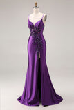 Robe de bal longue à bretelles de sirène violette appliquée avec fente