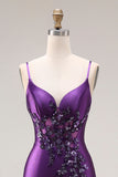 Robe de bal longue à bretelles de sirène violette appliquée avec fente