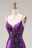 Robe de bal longue à bretelles de sirène violette appliquée avec fente