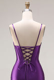 Robe de bal longue à bretelles de sirène violette appliquée avec fente