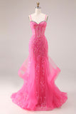 Organza fuchsia corset sirène à bretelles fines robe de bal longue avec des appliques