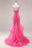 Organza fuchsia corset sirène à bretelles fines robe de bal longue avec des appliques