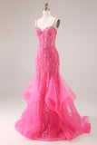Organza fuchsia corset sirène à bretelles fines robe de bal longue avec des appliques