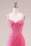 Organza fuchsia corset sirène à bretelles fines robe de bal longue avec des appliques