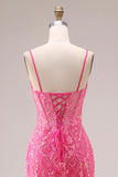 Organza fuchsia corset sirène à bretelles fines robe de bal longue avec des appliques