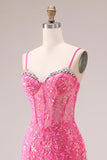 Organza fuchsia corset sirène à bretelles fines robe de bal longue avec des appliques