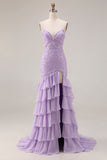Robe de bal longue de bal en sirène violette à bretelles fines en lacets dans le dos, longue robe de bal avec fente à volants