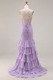 Robe de bal longue de bal en sirène violette à bretelles fines en lacets dans le dos, longue robe de bal avec fente à volants