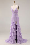 Robe de bal longue de bal en sirène violette à bretelles fines en lacets dans le dos, longue robe de bal avec fente à volants