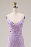 Robe de bal longue de bal en sirène violette à bretelles fines en lacets dans le dos, longue robe de bal avec fente à volants
