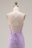 Robe de bal longue de bal en sirène violette à bretelles fines en lacets dans le dos, longue robe de bal avec fente à volants