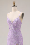 Robe de bal longue de bal en sirène violette à bretelles fines en lacets dans le dos, longue robe de bal avec fente à volants