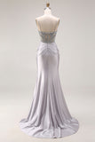 Robe de bal longue de bal scintillante gris clair en satin à perles et perlée